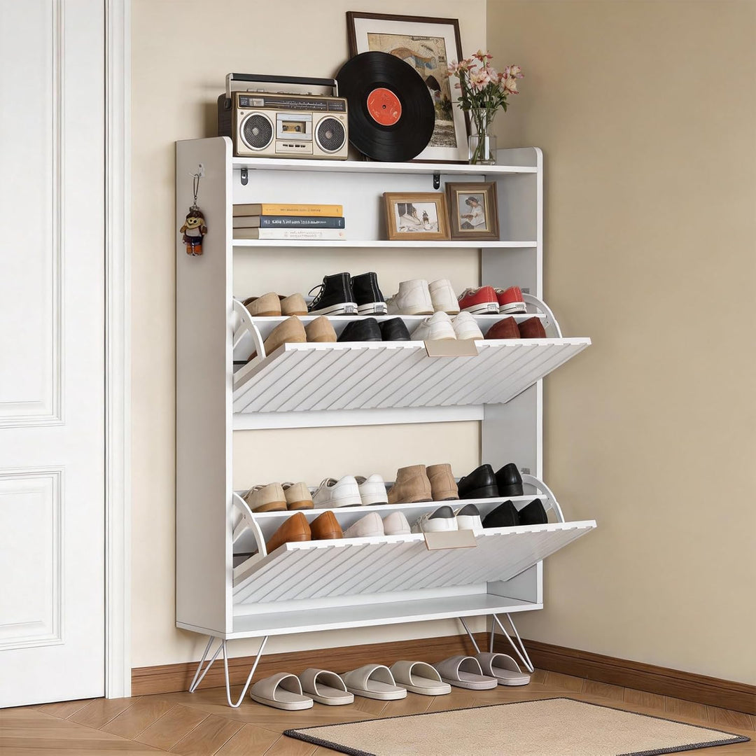 LEADZM Schuhschrank Schmal,Schuhkipper mit 2 Flip-Schubladen Schuhregal für den Eingang, Flur, Wohnz