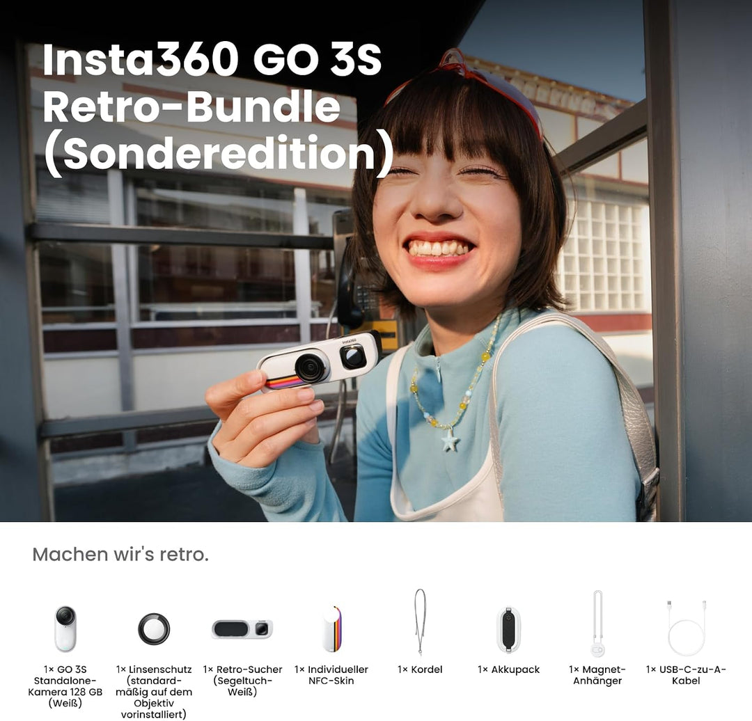 Insta360 GO 3S Retro-Bundle Sonderedition 64 GB Weiss–Kleine 4K Vlogging-Kamera, Freihand-POV-Kamera