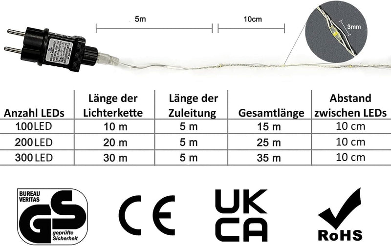 Gresonic 200/300er LED Mikro Silberdraht Lichterkette Strombetrieb Deko für Innen Aussen Warmweiss (