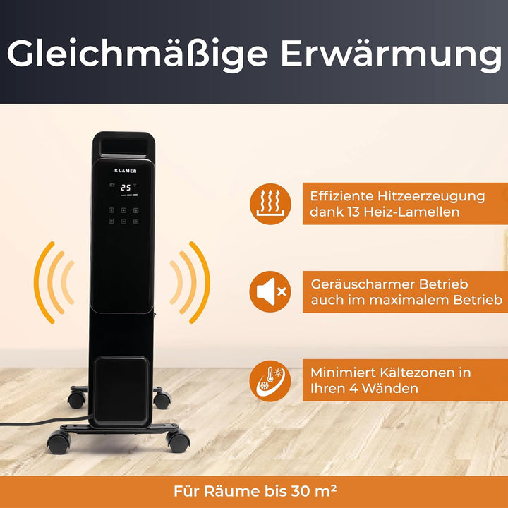 KLAMER Ölradiator 2500 W, Elektroheizung energiesparend, 13 Rippen, 3 Heizstufen mit Eco-Modus, 24h