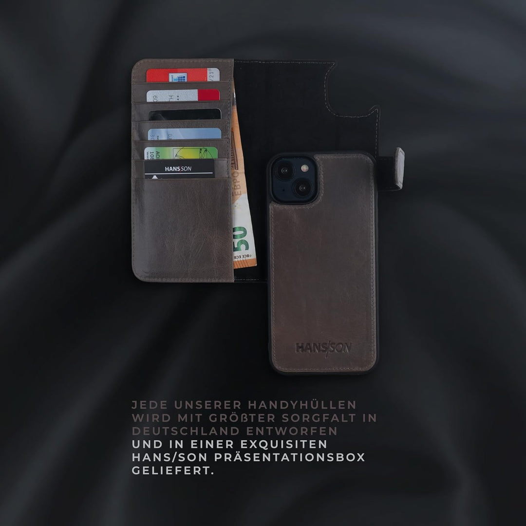 HANS/SON Lederhülle mit Kartenfächern | iPhone 14 | Echtleder | 6,1 Zoll | Schmal | Klapphülle | Sto