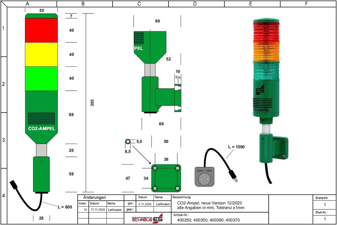 Schabus 400250 Luftguetesensor mit internem Sensor netzbetrieben detektiert Kohlendioxid, (Ø x H) 55