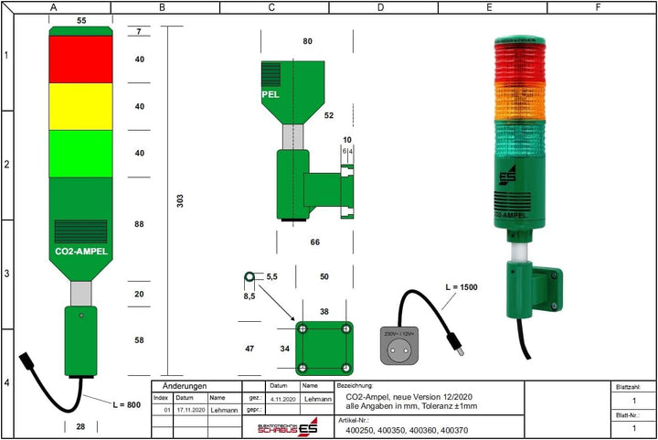 Schabus 400250 Luftguetesensor mit internem Sensor netzbetrieben detektiert Kohlendioxid, (Ø x H) 55