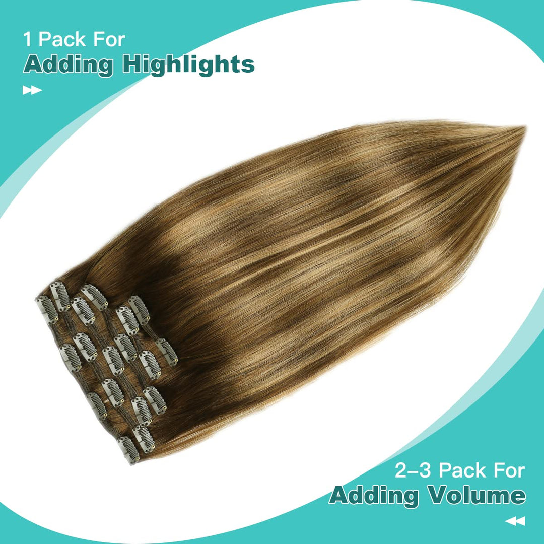SURNEL Haarverlängerung Echthaar Clip 6pcs/120g Balayage Dunkelbraun mit Karamellblond Echthaar Exte