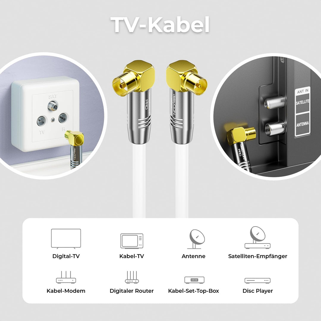 deleyCON 15m TV Antennenkabel HDTV Full HD - 2x gewinkelt - Koaxialkabel - TV-Stecker (90° Grad) zu
