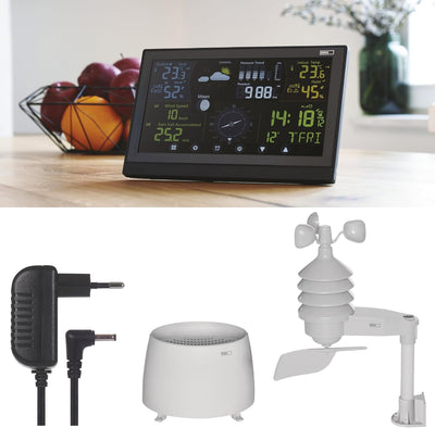 EMOS Profi Wetterstation Funk mit Aussensensor und Touchscreen-Farbdisplay, Windmesser, Regenmesser,