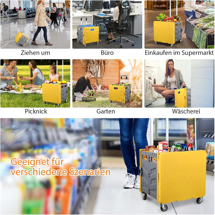 Einkaufstrolley Klappbar, Transport Trolley, bis 50 kg, 50 l Kiste, Einkaufskorb mit Deckel, Auszieh