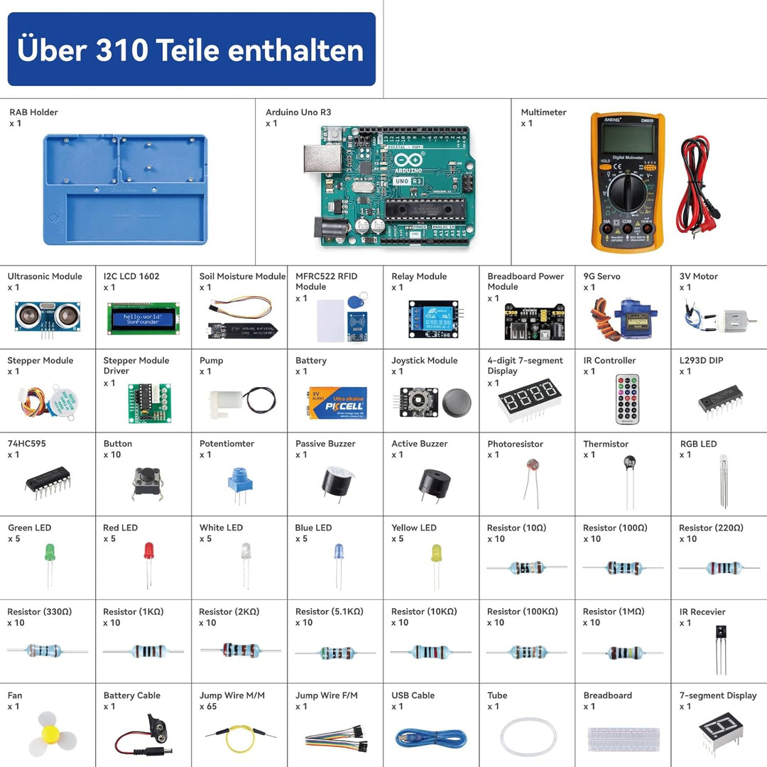 SunFounder Inventor Lab Starter Kit mit Original Arduino UNO R3 REV3 Multimeter 34 Projekte 40+ Vide