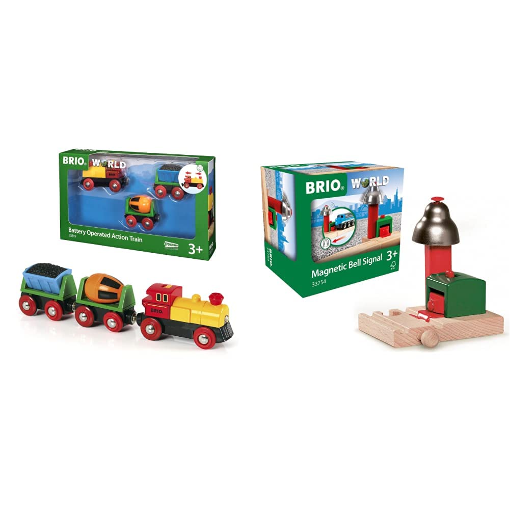 BRIO Bahn 33319 - Zug mit Batterielok & World 33754 Magnetisches Glockensignal – Eisenbahnzubehör fü
