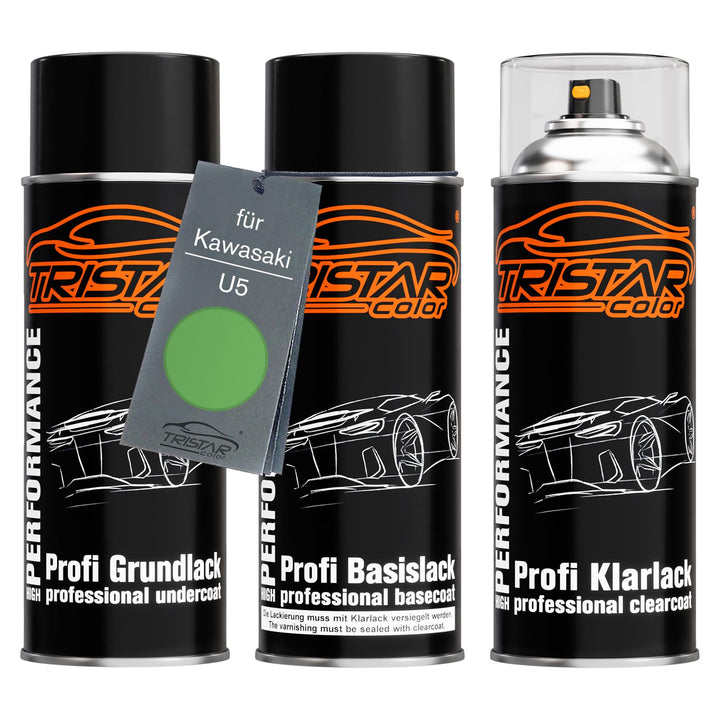 TRISTARcolor Motorradlack Spraydosen Set für Kawasaki U5 Green Metallic Grundlack Basislack Klarlack