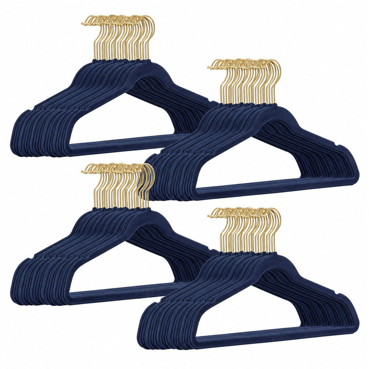 200 Stück hochwertige Samt Kleiderbügel in der Farbe Dunkelblau Navy mit Gold Look Haken/Anti-Rutsch