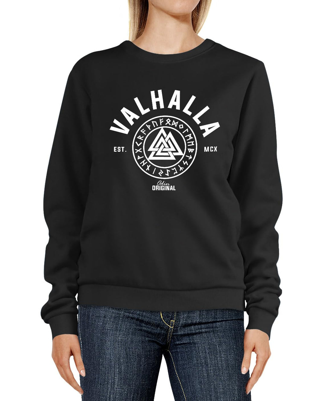 Neverless® Sweatshirt Damen Valhalla Wikinger Motiv Runen Rundhals-Pullover Pulli Sweater schwarz M