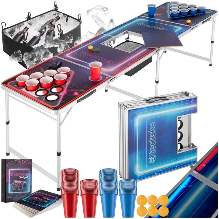 tectake® Bierpong Tisch mit Eiskühler und mit Party Deko LED Beleuchtung, Tisch höhenverstellbar, Kl