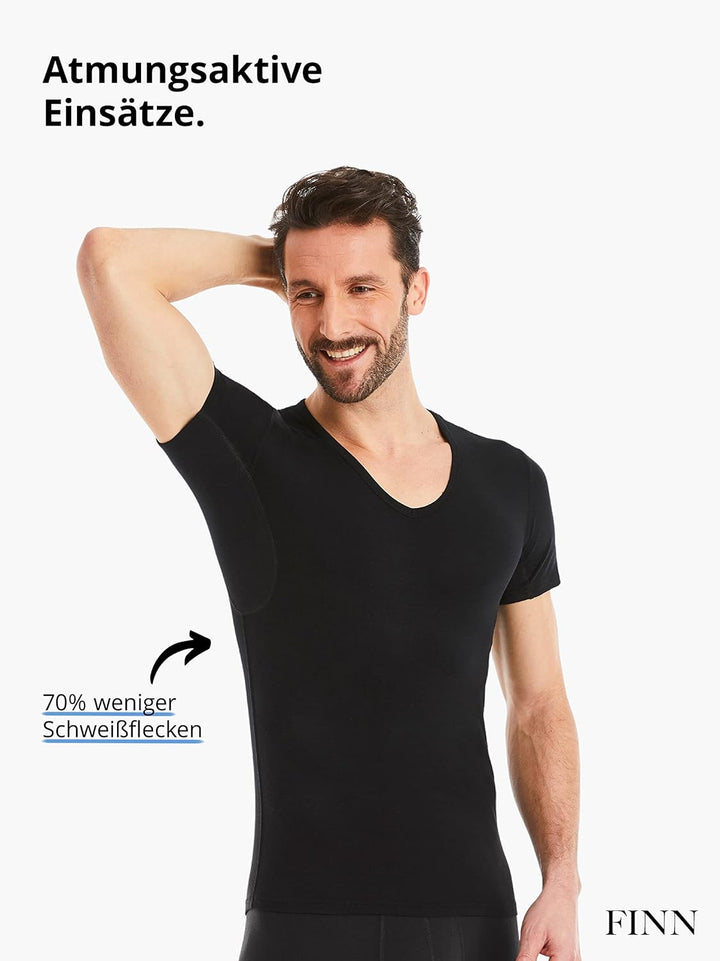 FINN Herren Funktions-Unterhemd mit V-Ausschnitt - Anti-Schweiss Shirt mit Einsätzen gegen Schweissf