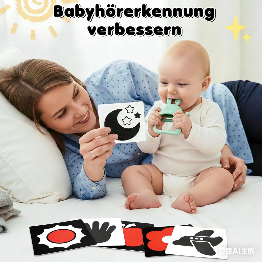 Kontrastkarten Baby - Montessori Baby Spielzeug 0-12 Monate, Greifring, Beissring und Aufbewahrungst
