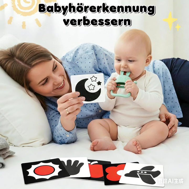 Kontrastkarten Baby - Montessori Baby Spielzeug 0-12 Monate, Greifring, Beissring und Aufbewahrungst