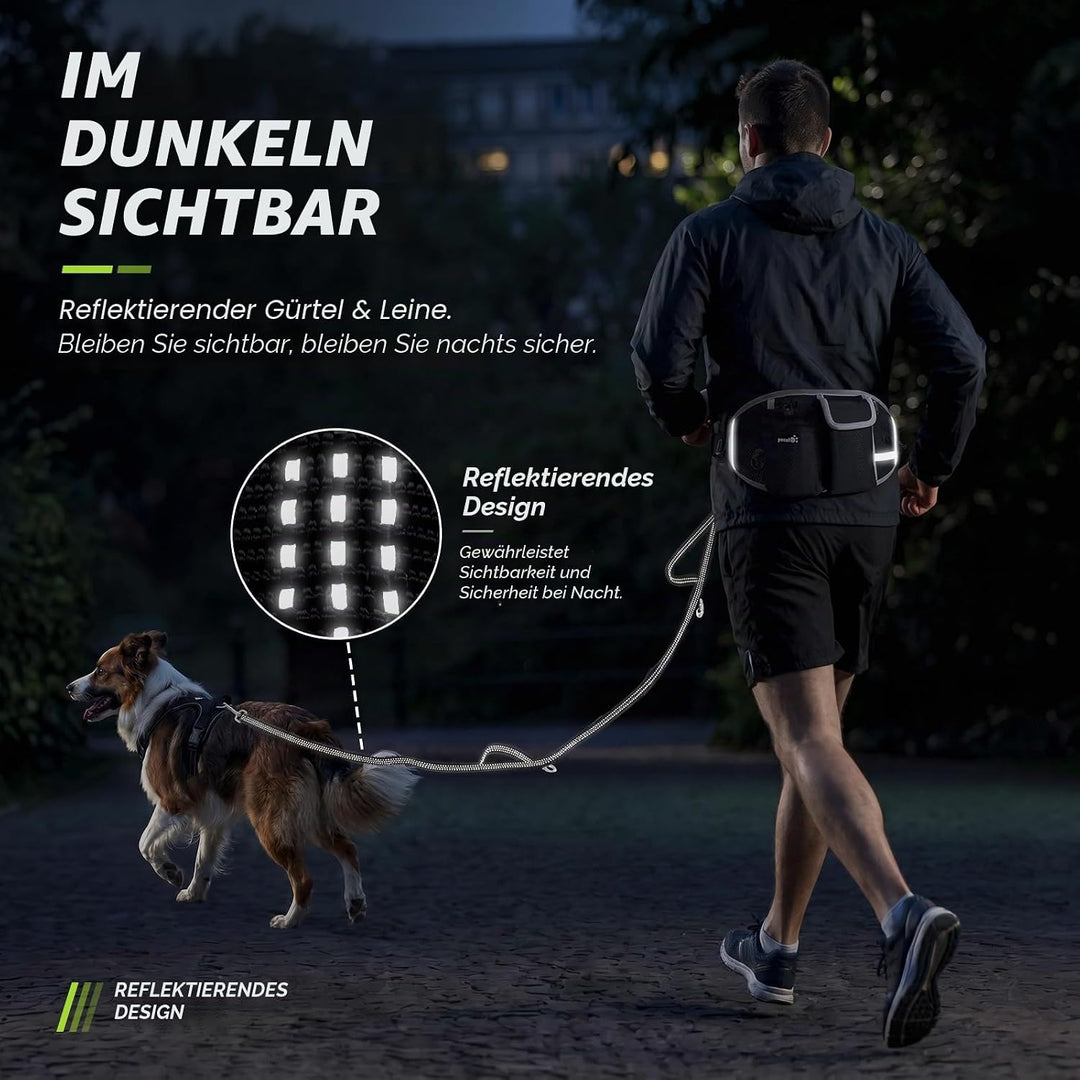 Pecute Joggingleine Hunde mit Mehrere Taschen Bauchgurt, Hundeleine 1.6-2.5M bis zu 30 kg, Stossfest