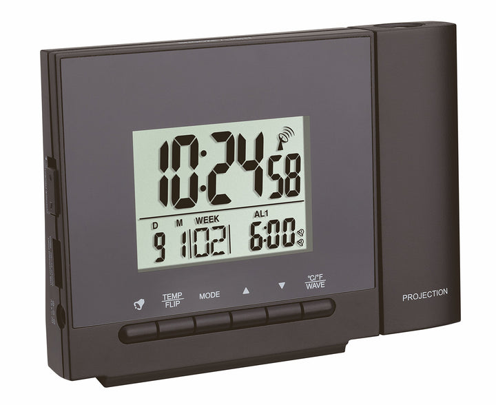 TFA Dostmann Funk-Projektionswecker, 60.5013.01, Projektion von Uhrzeit/Temperatur, Zwei Alarmzeiten