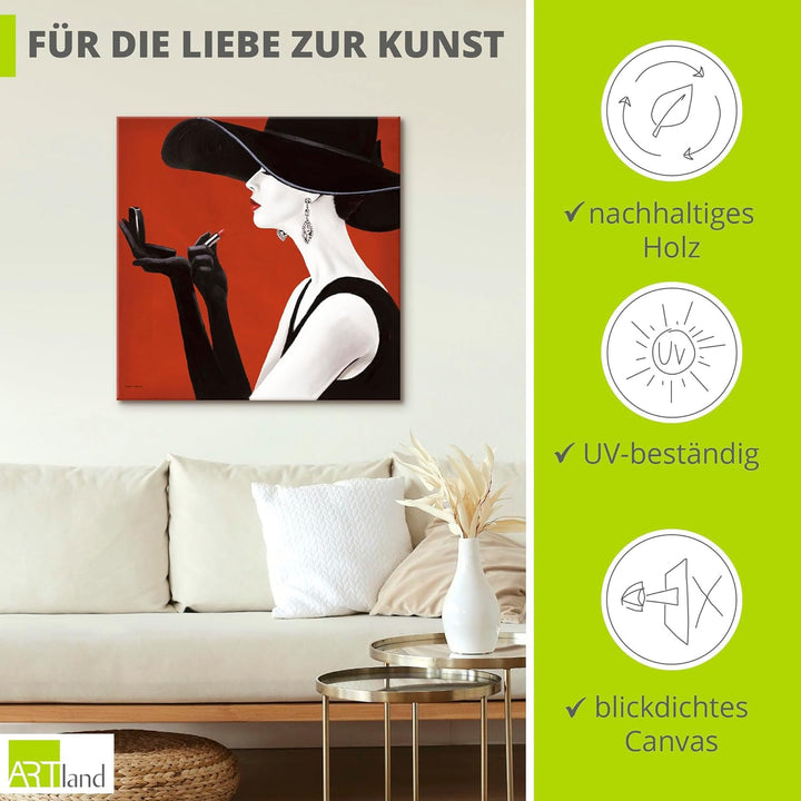 ARTland Leinwandbilder Wandbild Bild auf Leinwand 70x70 cm Wanddeko Frau Hut Stil Lippenstift Beauty