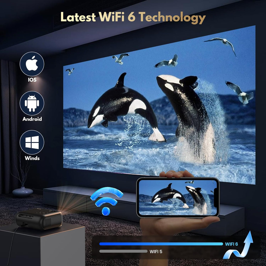 Mini Beamer mit WLAN und Bluetooth, 1080P Native, 4K-Unterstützung, Premium-Lautsprecher, Smart Andr