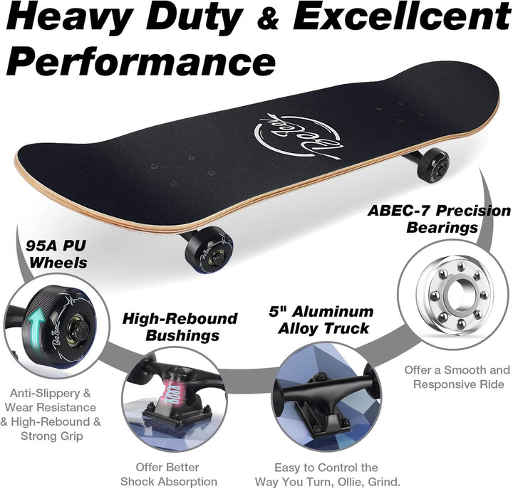 BELEEV Skateboard 31x8 Zoll Komplette Cruiser Skateboard für Kinder Jugendliche Erwachsene, 7-Lagige