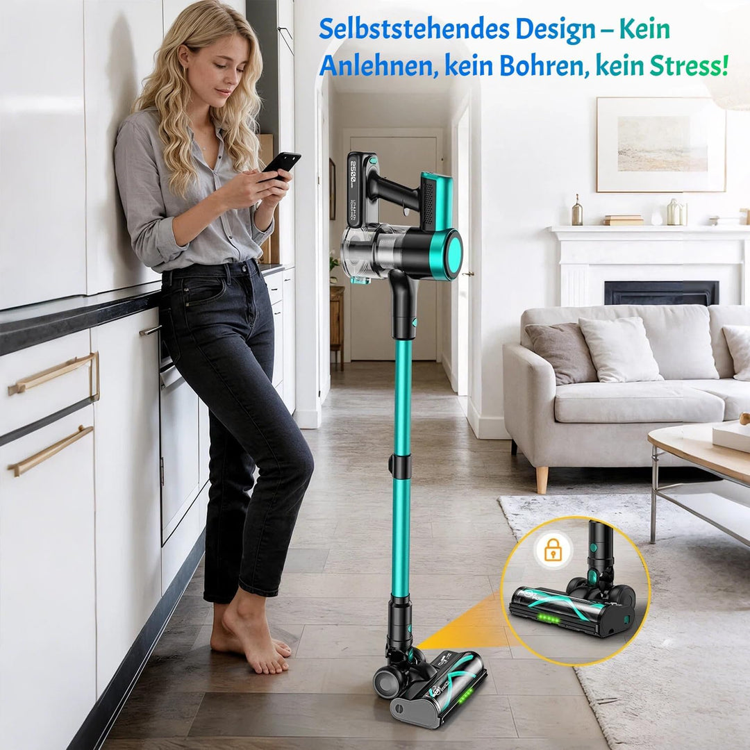 Akku Staubsauger 50KPa/500W/55Mins, Staubsauger Kabellos mit Wandmontierte Ladestation, Selbststehen