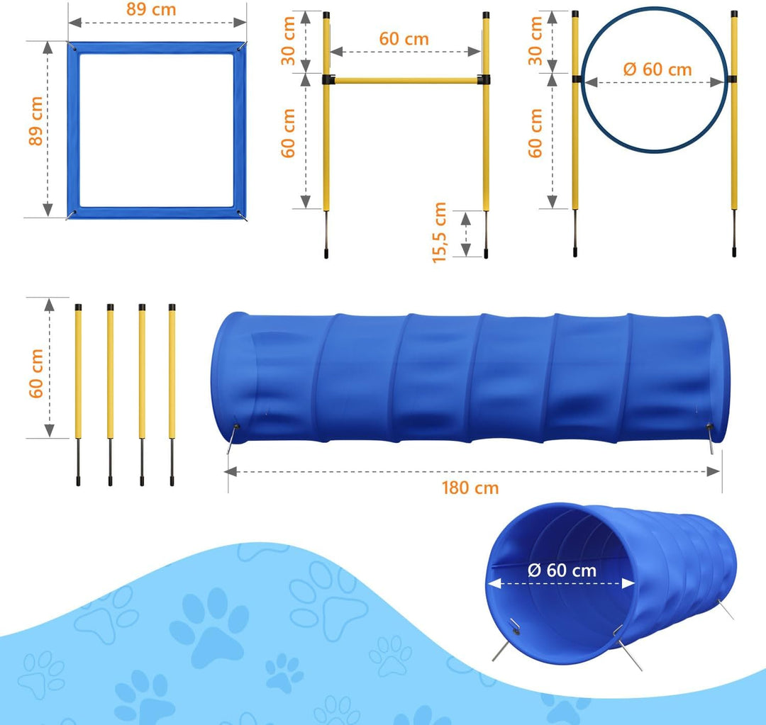 Agility Set Hunde Klein und Gross aus Tunnel für Hunde, Agility Stangen, Hürdenstange, Agility Ring