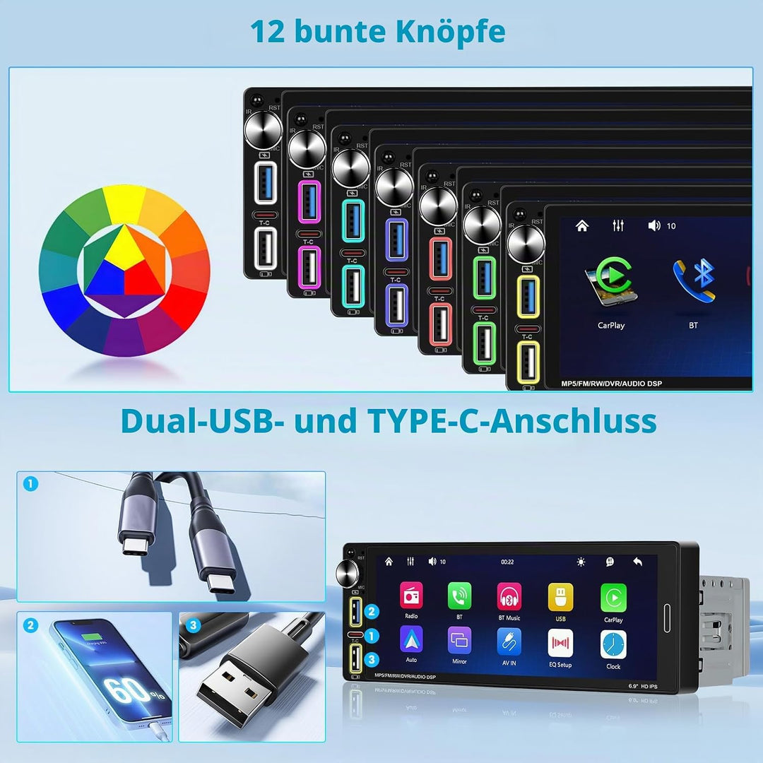 Hikity Autoradio 1Din Wireless Carplay mit 6.9-Zoll Bildschirm Knöpfe Auto Bluetooth Radio Con Andro