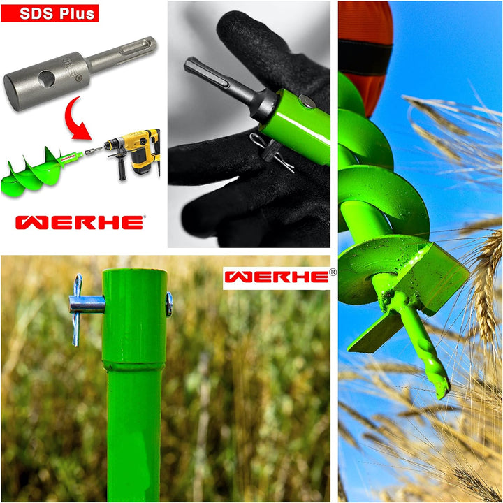 WERHE® Profi Bohrer VollStahl, Erdbohrer für bohrmaschine 40 mm extrem robust mit SDS Plus Adapter -