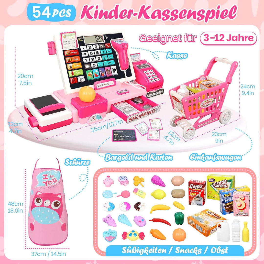 Herenear Kaufladenkasse für Kinder, Spielzeug Kasse mit Scanner und Sound - inkl. 52 Zubehör(Scanner