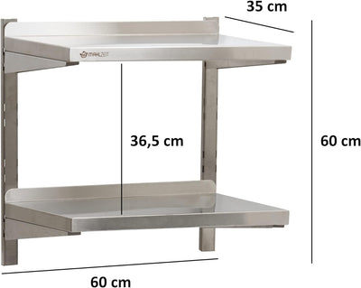 Mahlzeit Edelstahl Wandregal | Küchenregal Hängeregal Wandregal Wandbord Regal (60 x 35 cm - 2 Ablag