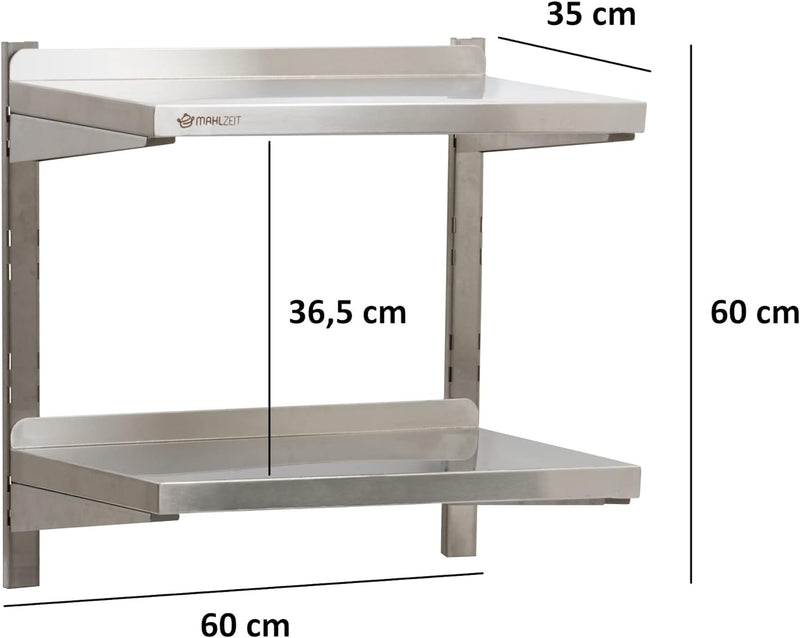 Mahlzeit Edelstahl Wandregal | Küchenregal Hängeregal Wandregal Wandbord Regal (60 x 35 cm - 2 Ablag