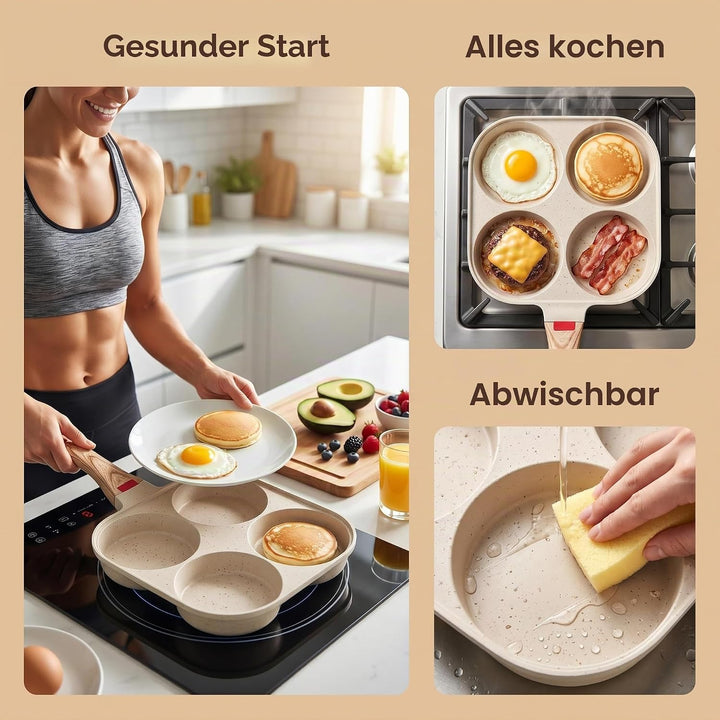 Spiegeleipfanne mit Deckel, 4 Loch Pancake Pfanne, Antihaft Aluminium Pfanne für Induktionsherd &amp; Ga