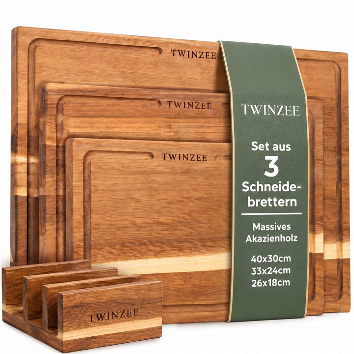 Twinzee Schneidebrett 3er Set (40 x 30/33 x 24/26 x 18 cm) aus Massiver Akazie - Schneidebrett Holz