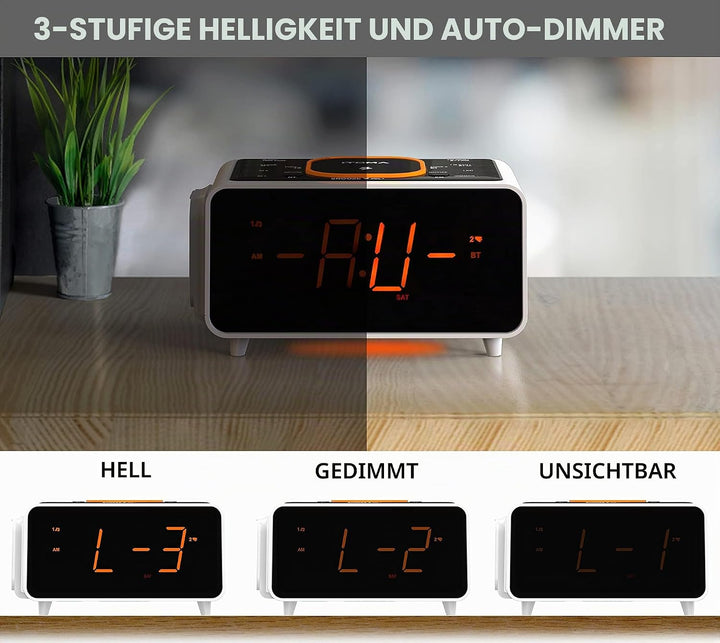 Digitaler Radiowecker mit Kabelloser Ladestation, 15W Fast Wireless Charger for iPhone/Samsung Galax