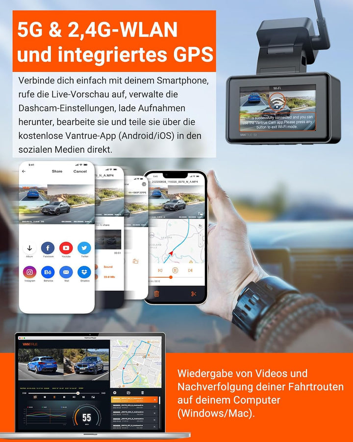 VANTRUE E2 Dual 1944P Dashcam Auto 5GHz WiFi GPS, Wireless- und Sprachgesteuerte Dash Cam vorne hint