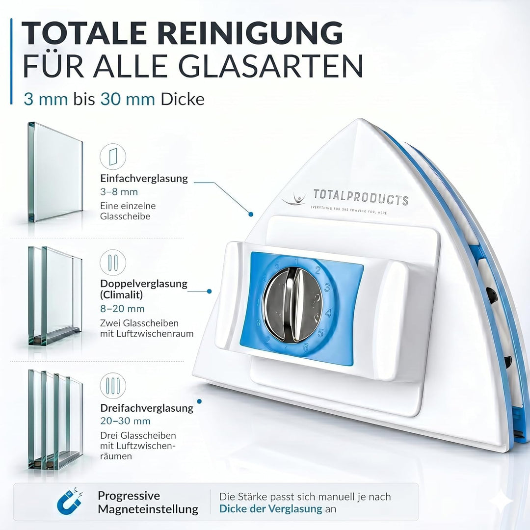 Magnetischer Fensterreiniger Verstellbar 3–30 mm – Doppelglas & Einzelfenster – Mit Sicherheitsseil,