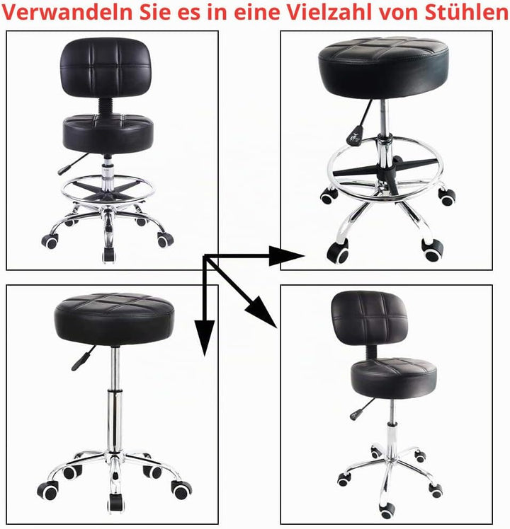 KKTONER Rollhocker Arbeitshocker mit Rückenlehne Höhenverstellbarer 53-68cm Salon Hocker PU Leder Sc