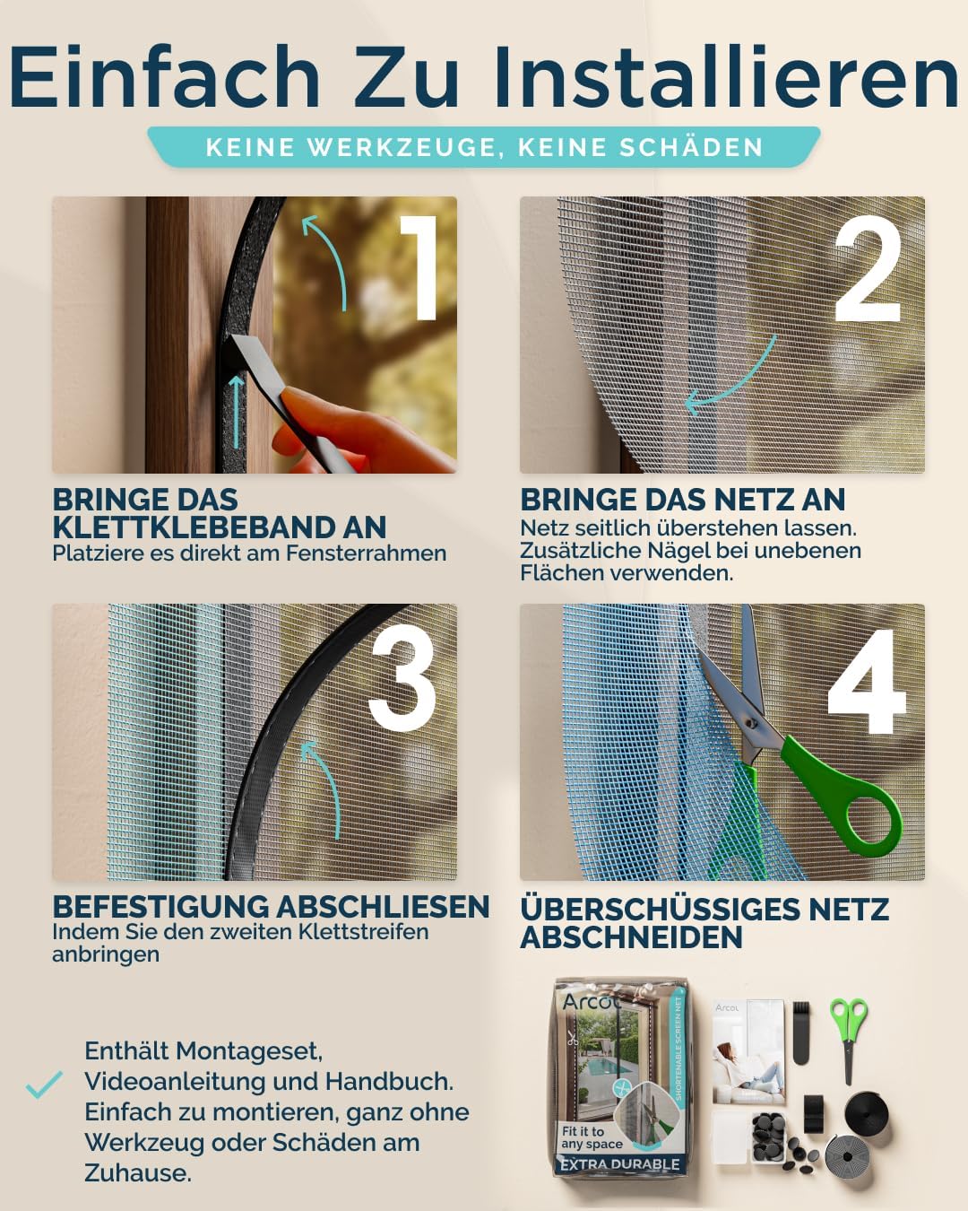 ARCOL Fliegengitter Fenster mit Magnet 155x115h cm Zuschneidbar - Moskitonetz mit Klettverschluss -