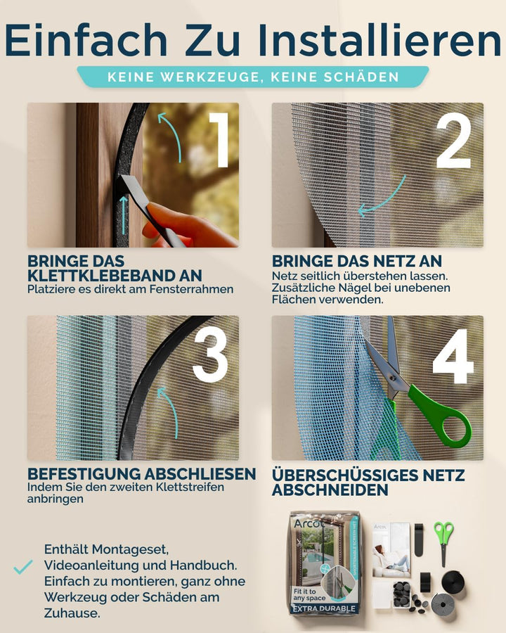 ARCOL Fliegengitter Fenster mit Magnet 155x115h cm Zuschneidbar - Moskitonetz mit Klettverschluss -