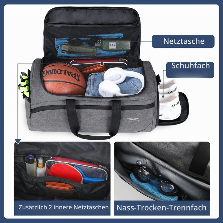 FIORETTO Sporttasche &amp; Reisetasche für Damen und Herren, mit Schuhfach &amp; Nassfach, Wasserdicht Tasch