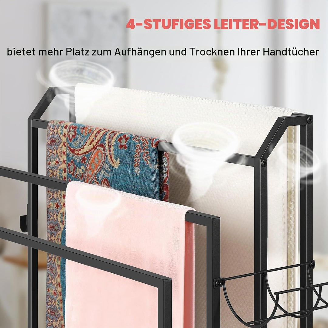 Freistehender Handtuchhalter Ständer Schwarz Handtuch Trocknen und Display Rack mit Rollen, Indoor O