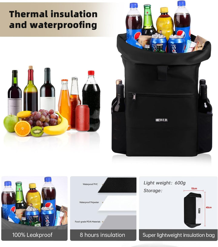 DEWUR 35L Thermo Rücksack Kühlrücksack Kühltasche Wasserdichter Picknickrücksack mit Flaschenöffner