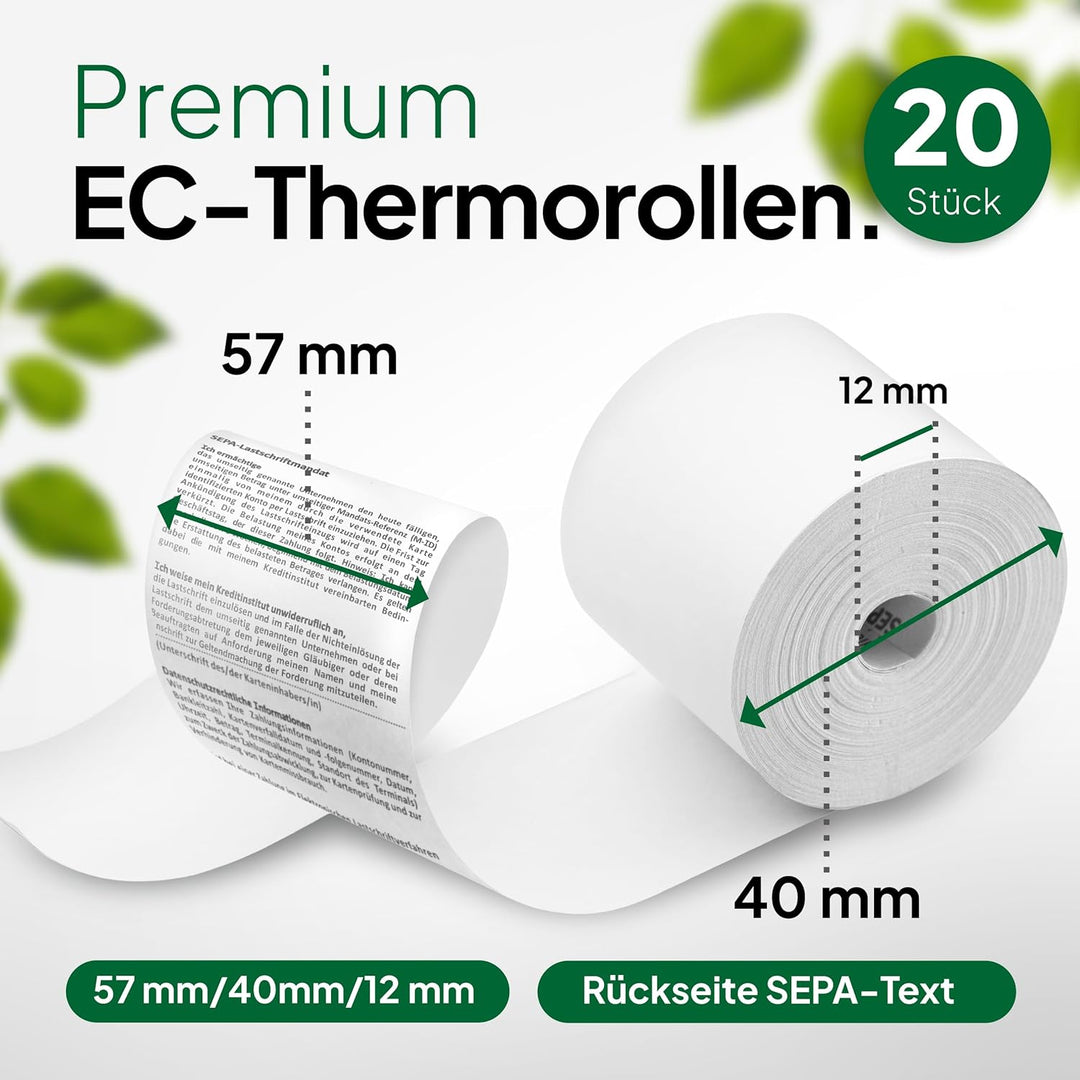 coreless - 20x EC-Thermorollen à 57mm x 40mm x 12mm - EC-Rolle mit Sepa Aufdruck - kernlose Kassenro
