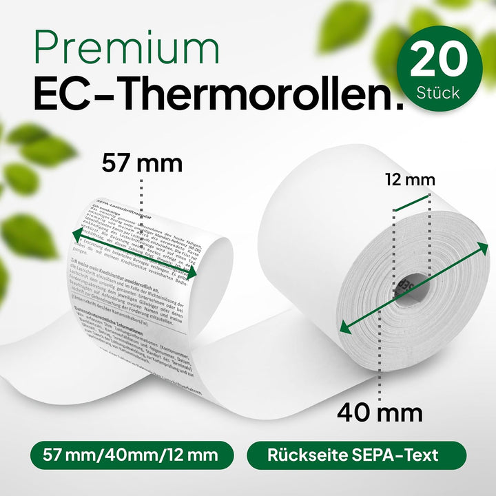 coreless - 20x EC-Thermorollen à 57mm x 40mm x 12mm - EC-Rolle mit Sepa Aufdruck - kernlose Kassenro