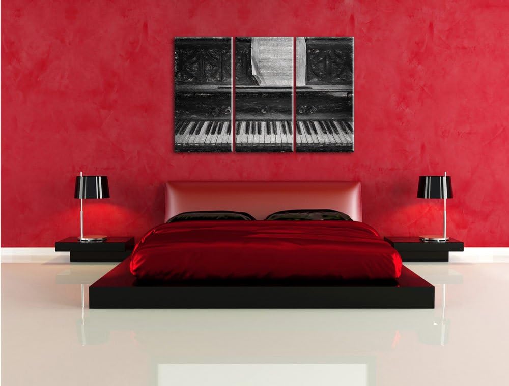Pixxprint Antikes Klavier mit Notenblatt Kohle Zeichnung Effekt 3-Teiler Leinwandbild 120x80 Bild au