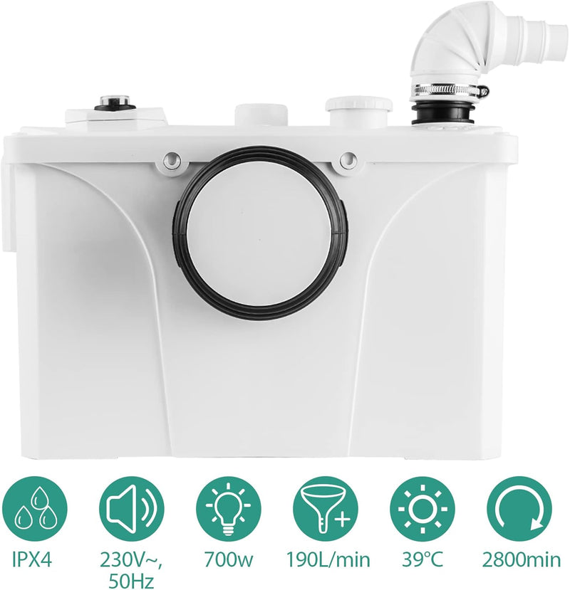 Ansobea 700W Hebeanlage Dusche, 190 L/min Duschpumpe für WC Toiletten, Fäkalienpumpe mit 4 Einlässe,