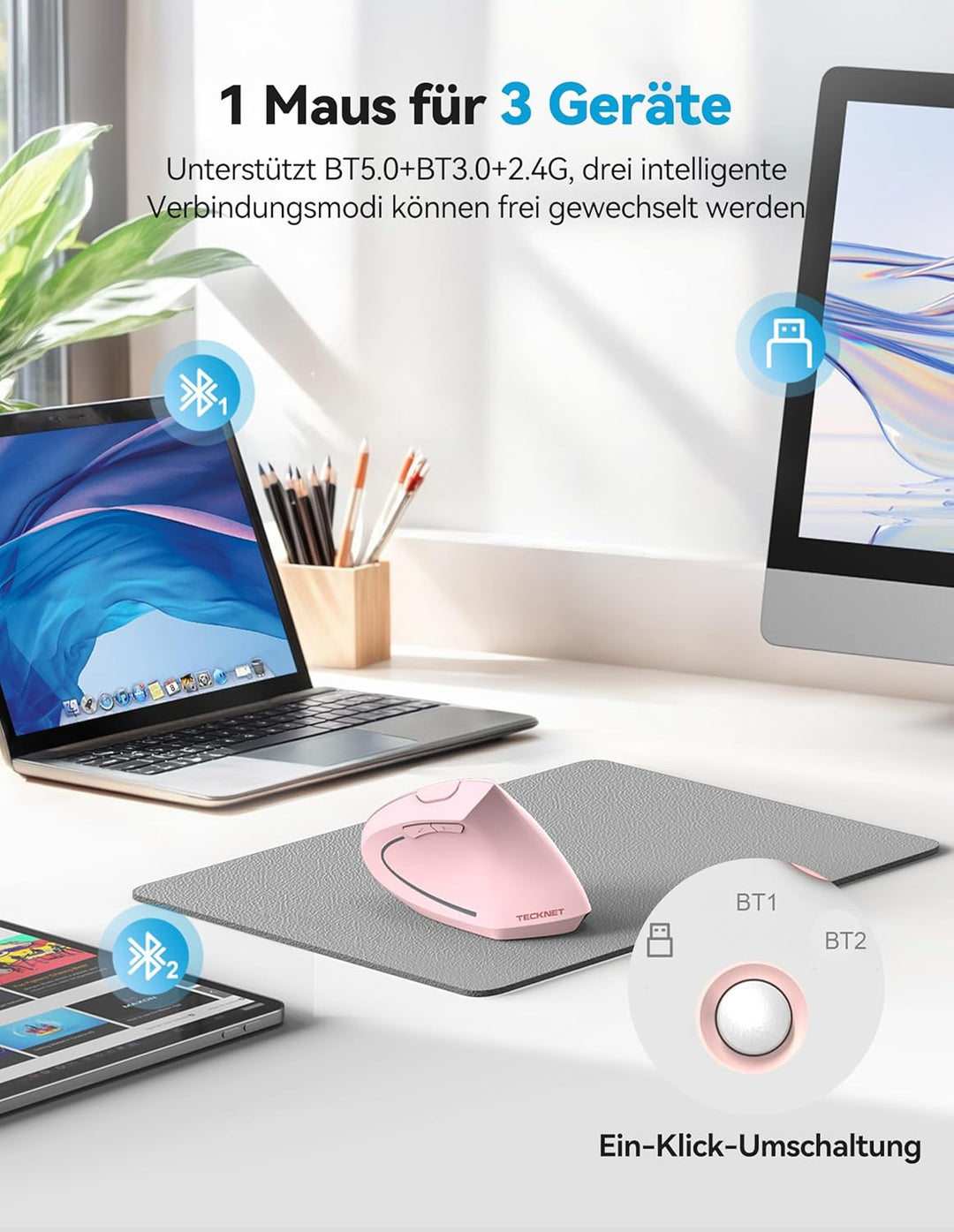 TECKNET Ergonomische Bluetooth Maus, Wiederaufladbar Kabellose Vertikale Maus (BT 5.0/3.0 + 2.4G), 6