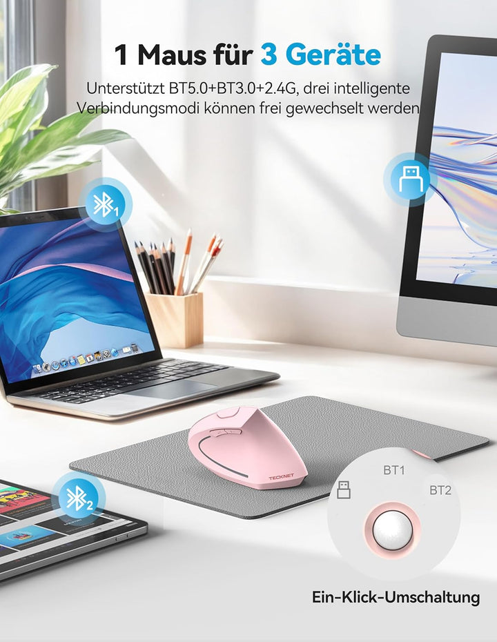 TECKNET Ergonomische Bluetooth Maus, Wiederaufladbar Kabellose Vertikale Maus (BT 5.0/3.0 + 2.4G), 6