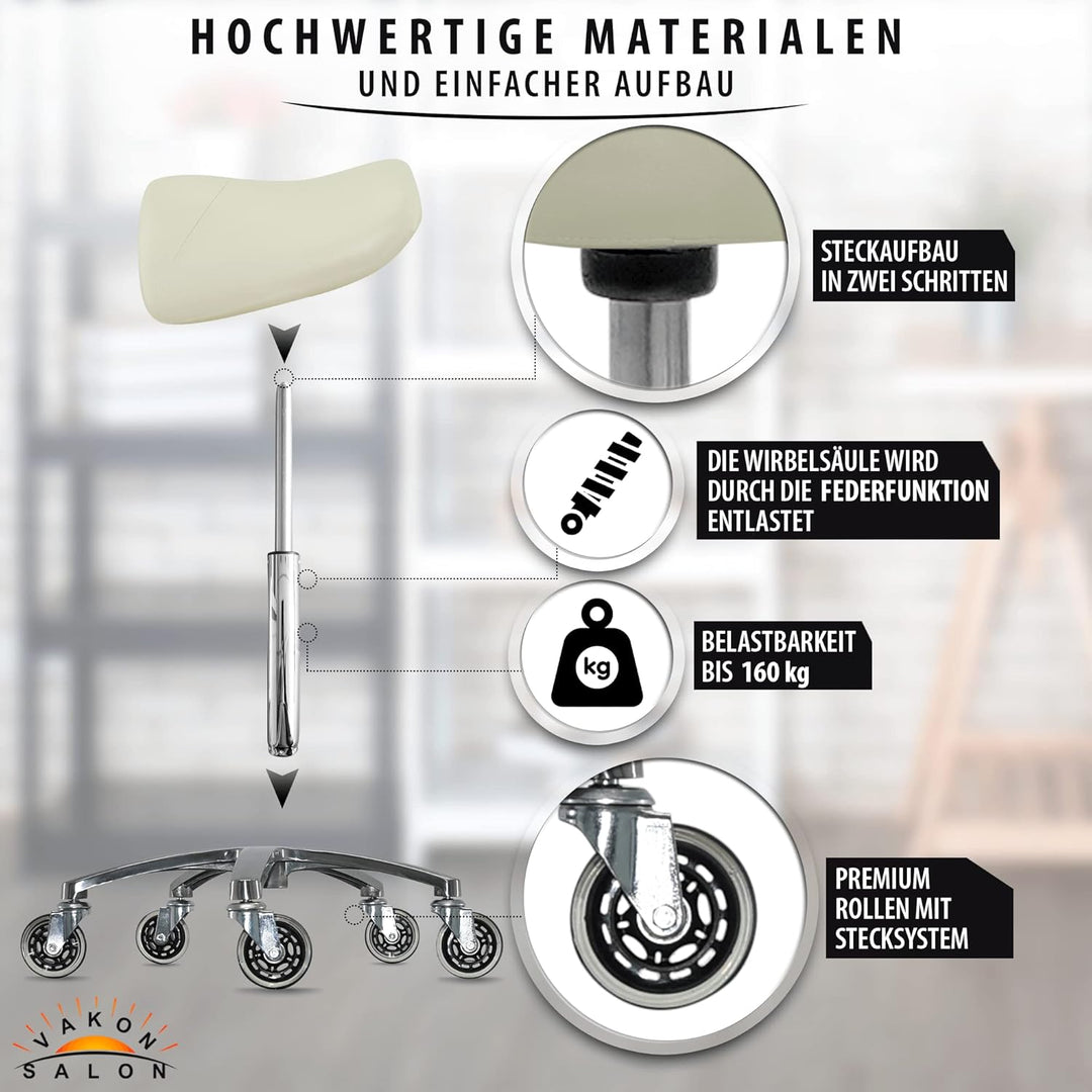 Premium Sattelhocker Weiss, Sattelstuhl für Rückenentlastung, Rollhocker höhenverstellbar von 55-75